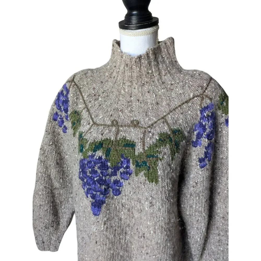 Vintage Ann Taylor Hand Knit Grape Grapevines Pullover Sweater Size Large Wool - Picture 4 of 12